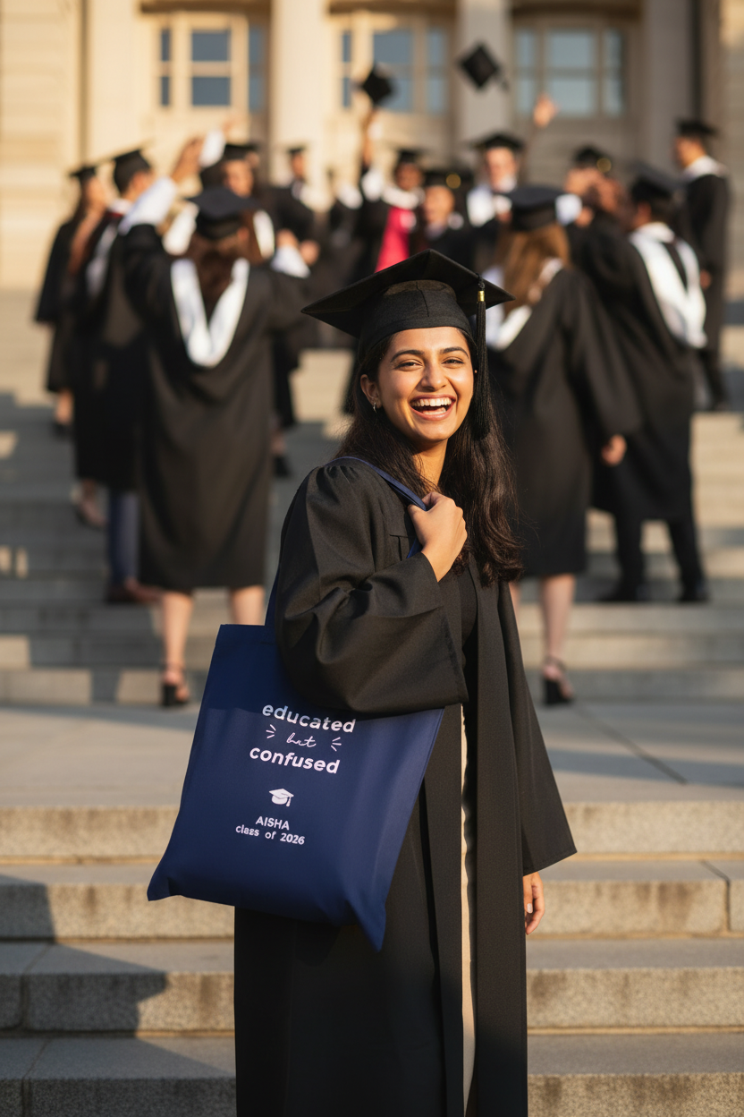 Navy tote — Aisha graduation day