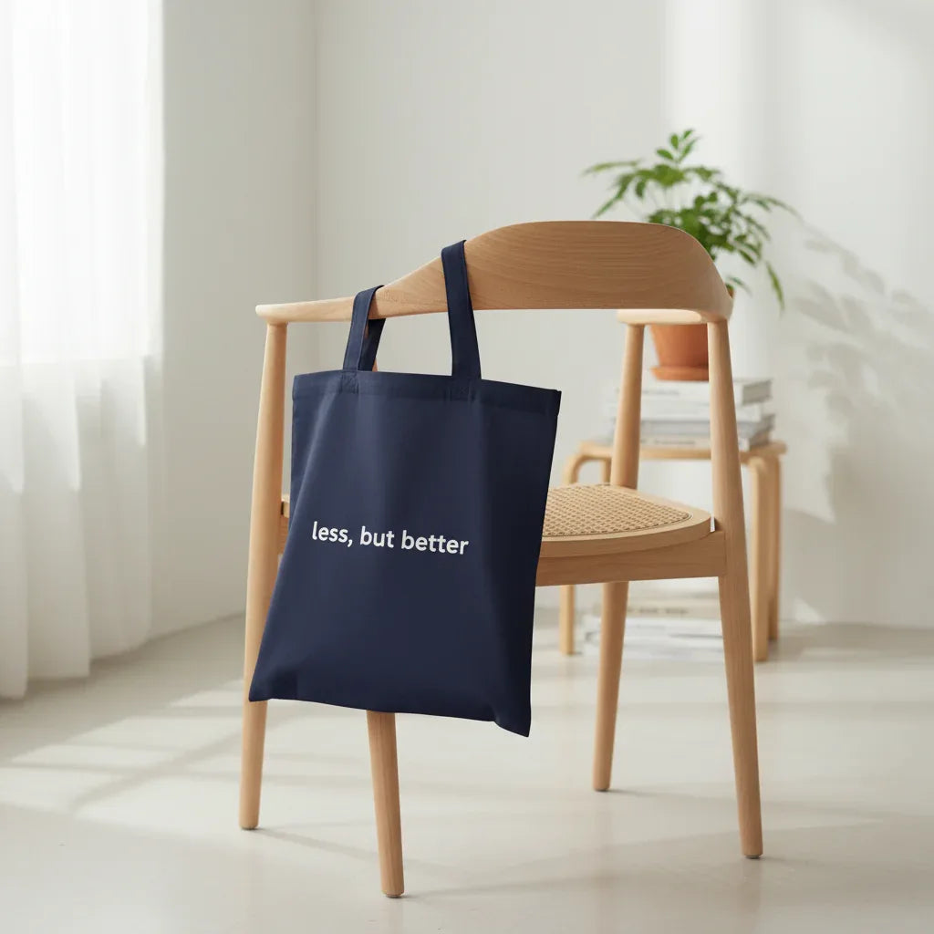 Navy blue cotton tote bag with long handles and 'less, but better' front print.