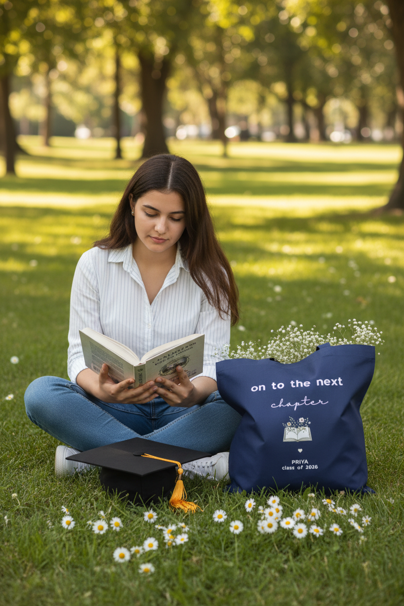 Navy tote — Priya reading on grass