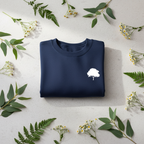 Navy crewneck sweatshirt with white tree logo on the left chest
