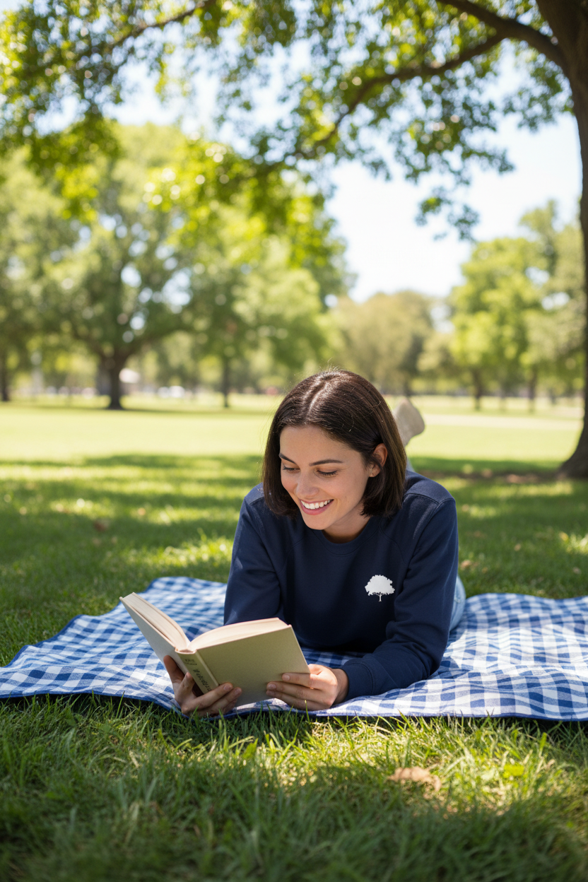 Navy sweatshirt with white tree logo while sitting on a picnic blanket