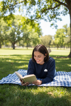 Navy sweatshirt with white tree logo while sitting on a picnic blanket