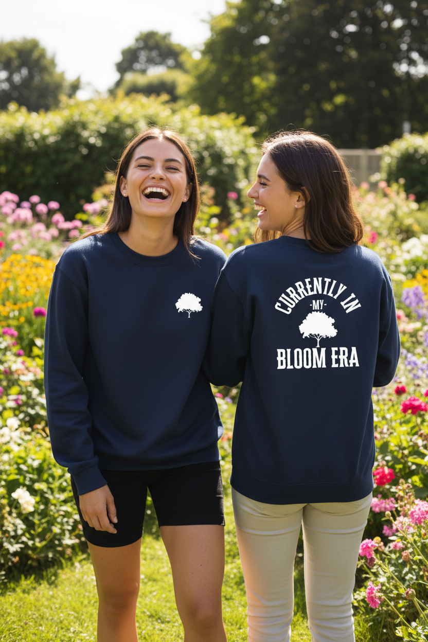 Navy crewneck sweatshirt with front tree logo and “BLOOM ERA” text