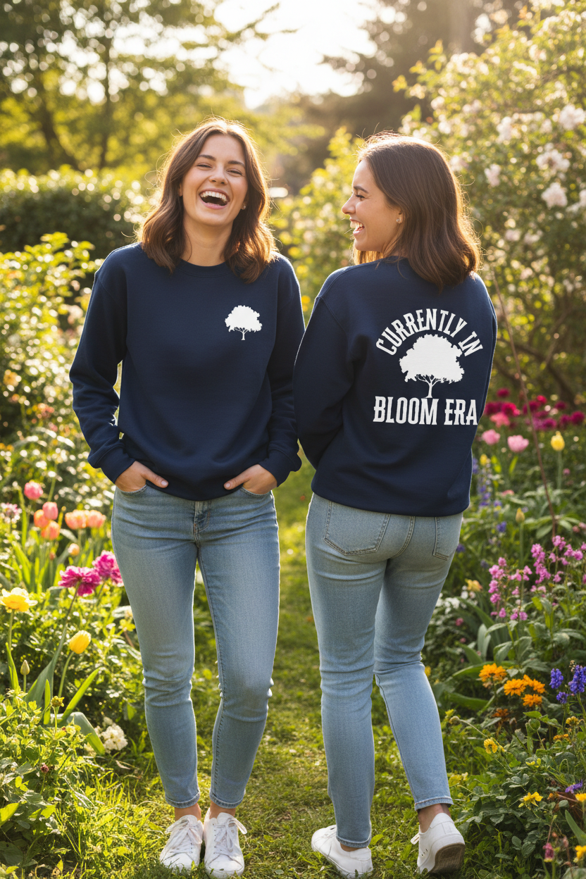 Navy sweatshirt with white tree and “BLOOM ERA” graphic