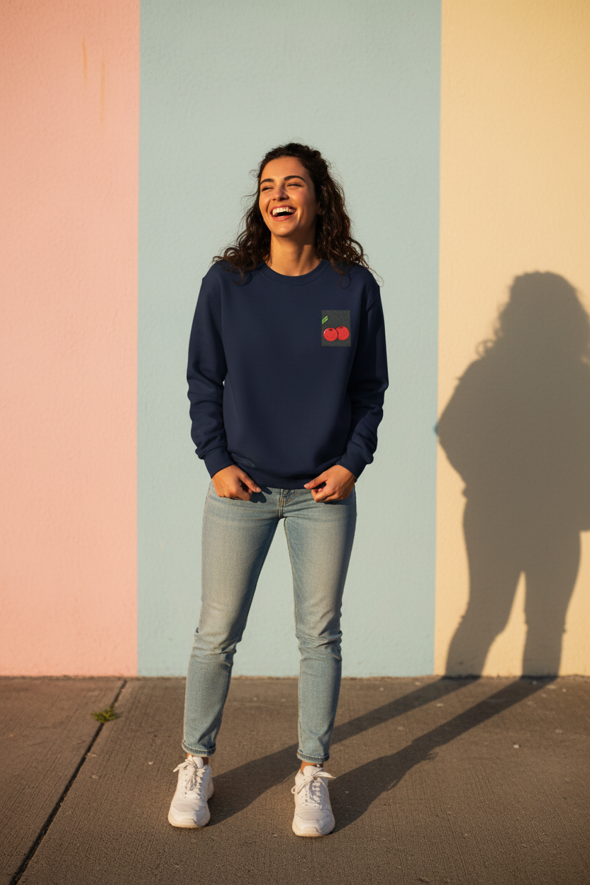 Navy crewneck sweatshirt with cherry embroidered patch on left chest.