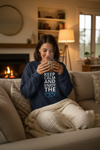 Navy crewneck sweatshirt with front slogan graphic, long sleeves