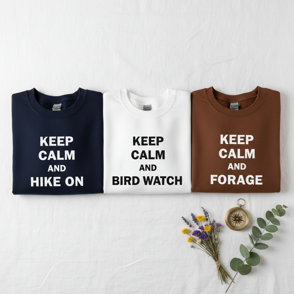 Three crew-neck sweatshirts in navy, white, and brown with “KEEP CALM” activity slogans