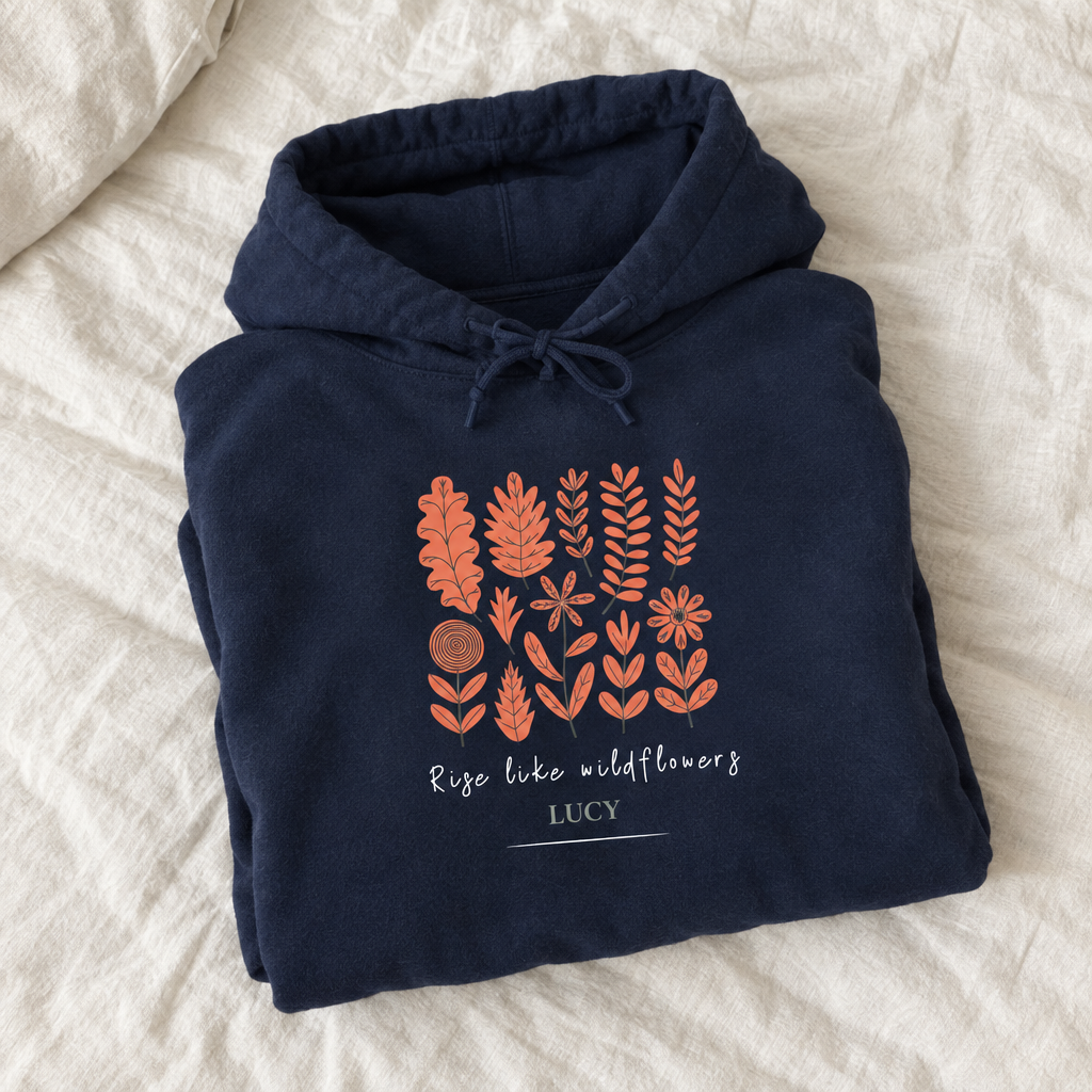 Navy Wildflowers hoodie mockup with Lucy