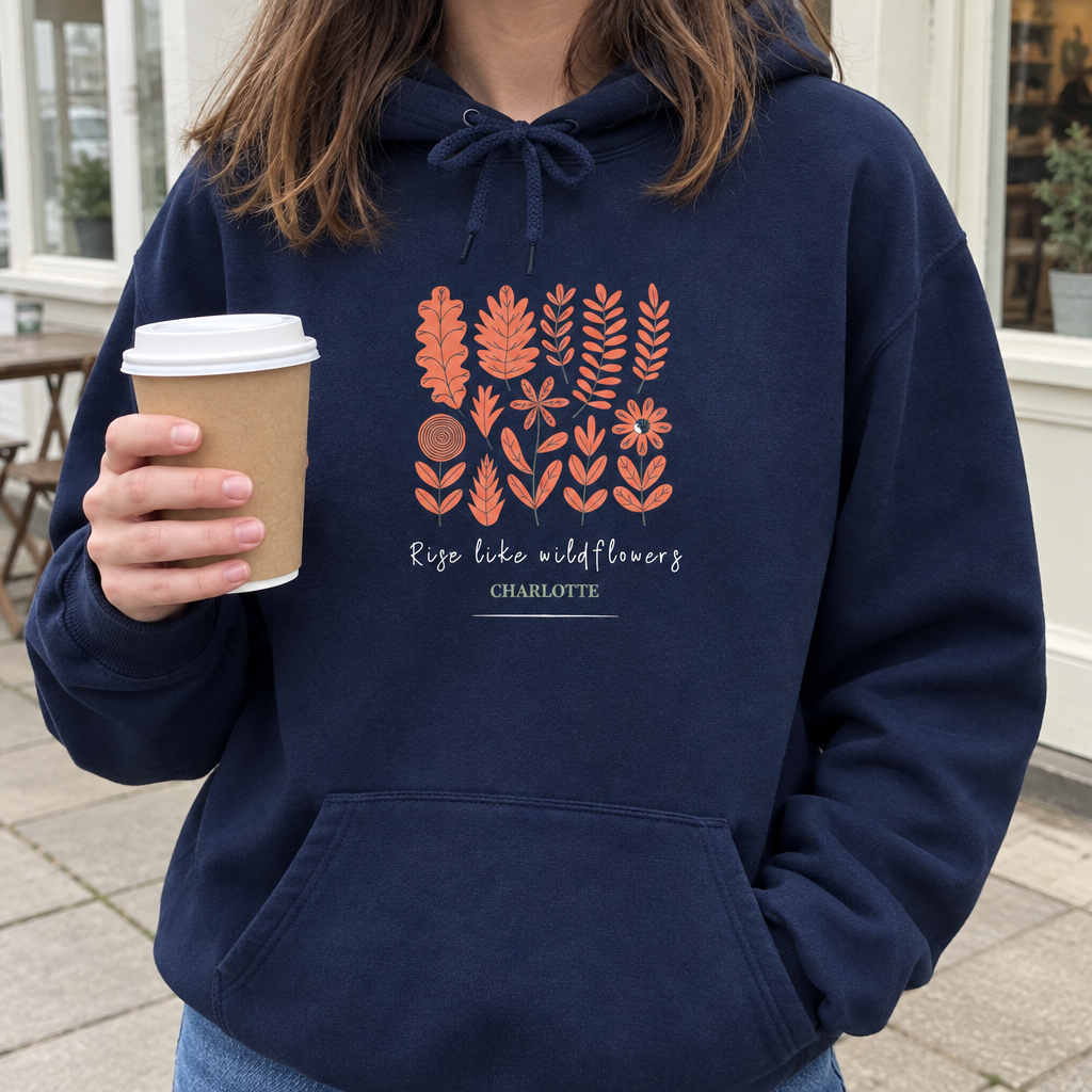 Navy Wildflowers hoodie with Charlotte outside a café