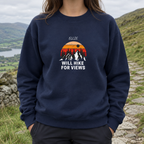 Navy Will Hike for Views sweatshirt worn on a fell path