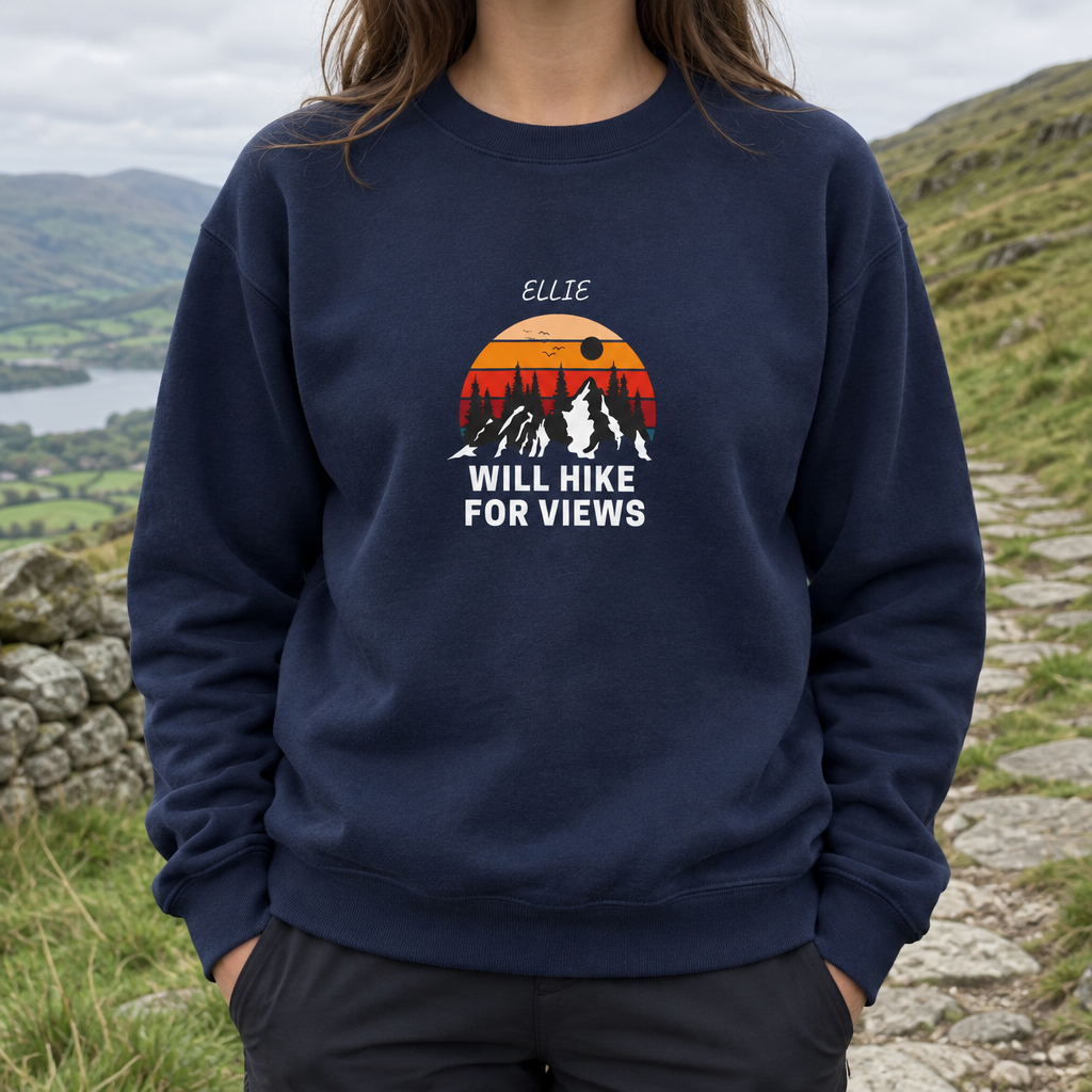 Navy Will Hike for Views sweatshirt worn on a fell path