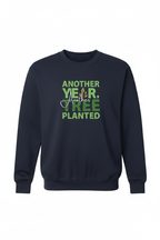 Navy sweatshirt with green 'Another Year, Tree Planted' front graphic