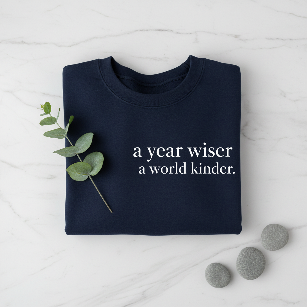 Dark navy sweatshirt with “a year wiser, a world kinder.” text on the front.