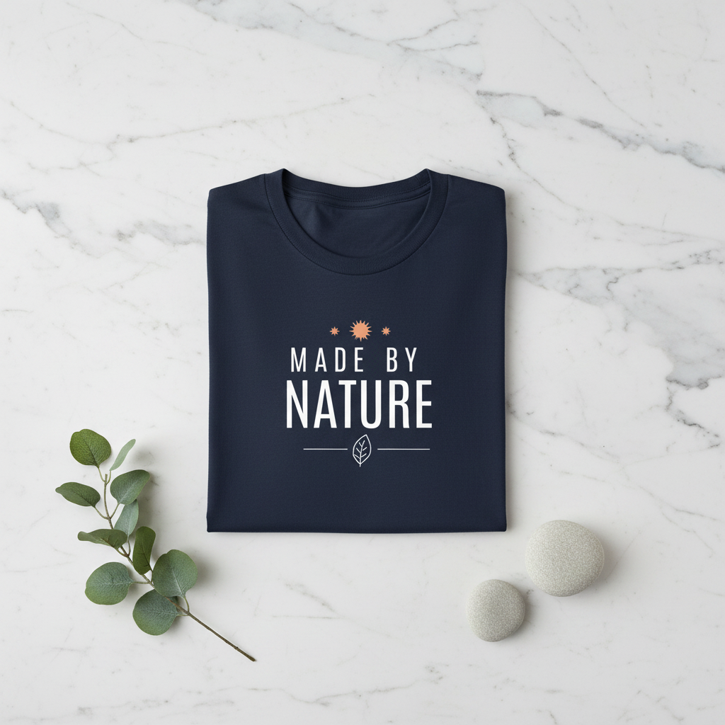 Navy crewneck t-shirt with "Made By Nature" eco graphic logo print