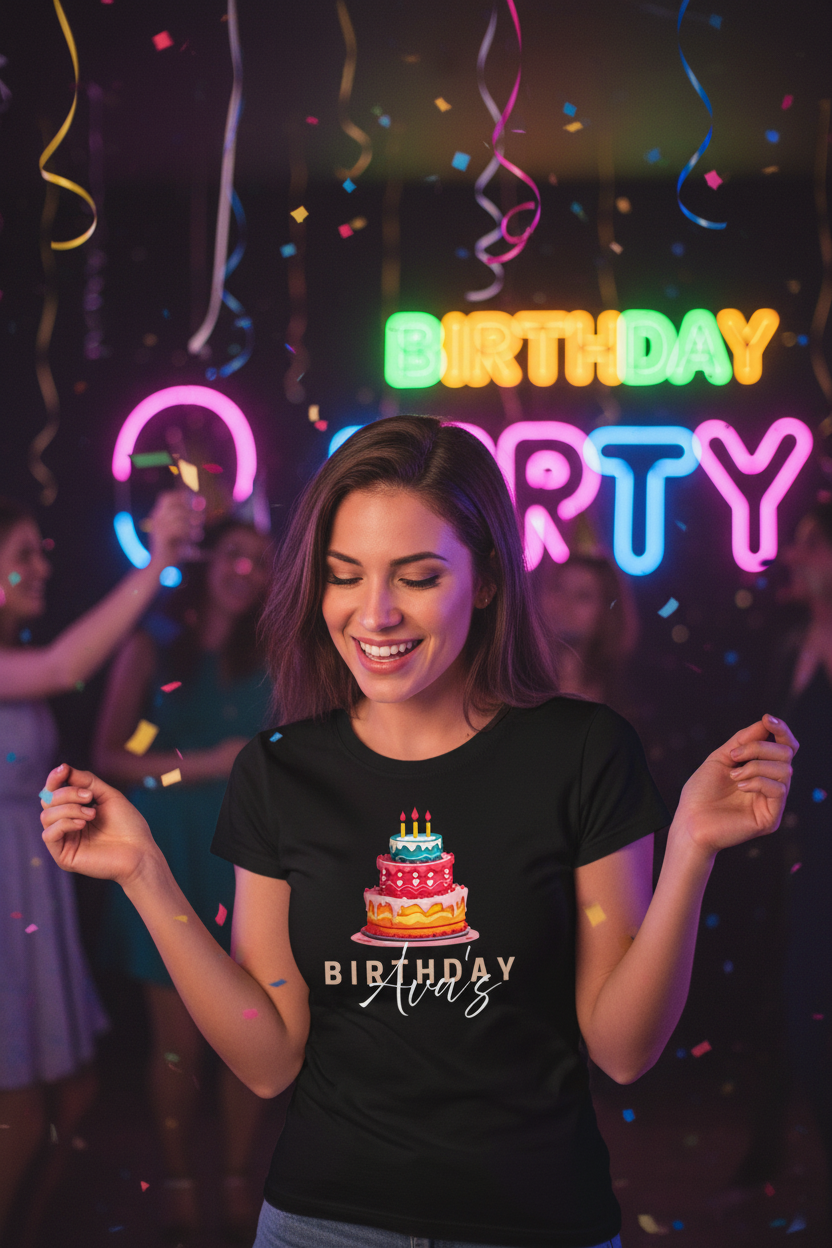 Black T-shirt with birthday cake illustration and 'Happy Birthday' script