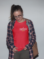 Red unisex T-shirt with crew neck and “Teaching is a Work of Heart” chest print