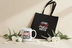White mug with personalized "Love You So Much" text and black tote bag with matching print