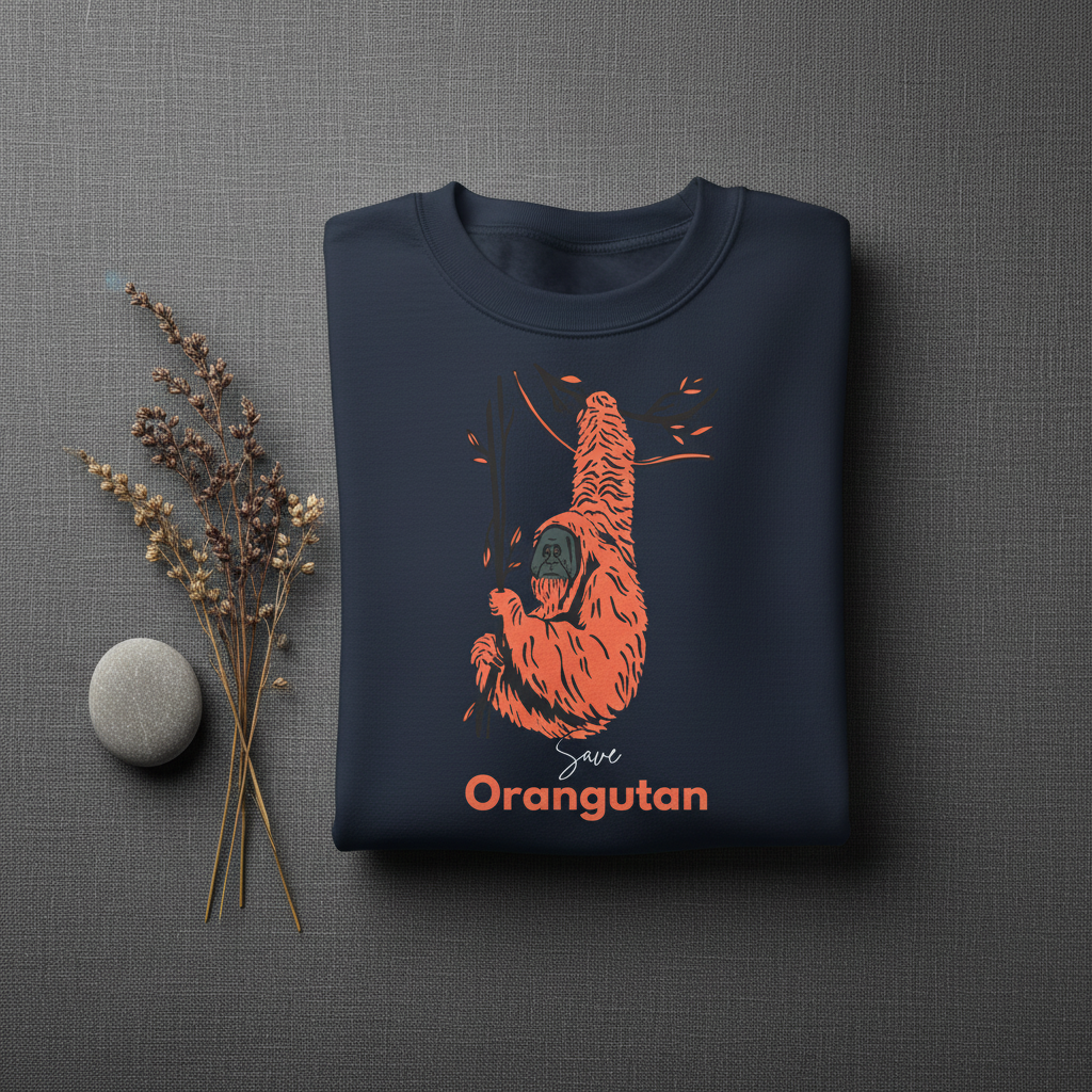 Dark navy sweatshirt with front orange orangutan graphic and red 'Orangutan' text