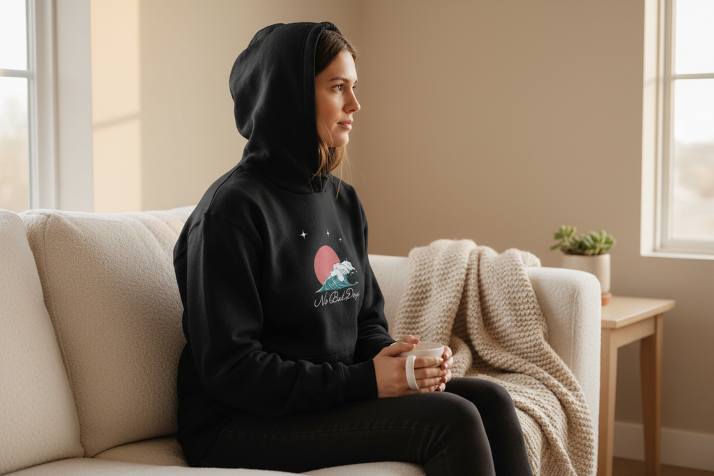 Black hooded sweatshirt on seated model, front No Bad Days graphic