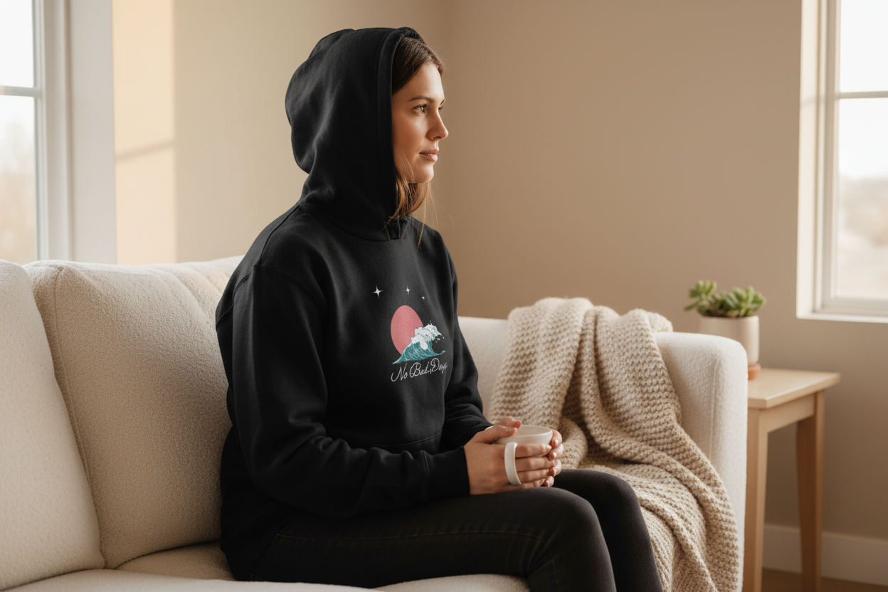 Black hooded sweatshirt on seated model, front No Bad Days graphic