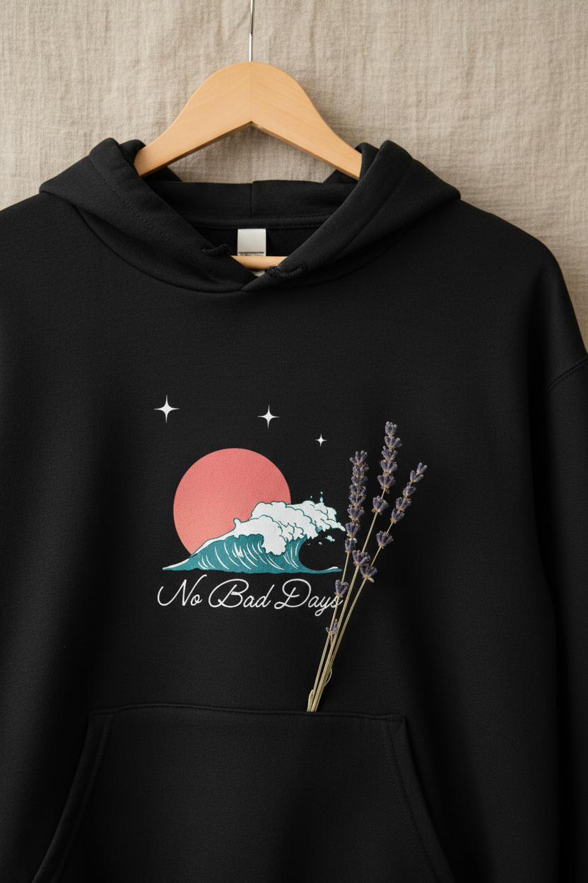 Black hooded sweatshirt with front pocket and No Bad Days graphic