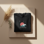 Black hooded sweatshirt folded flat, No Bad Days galaxy and floral graphic