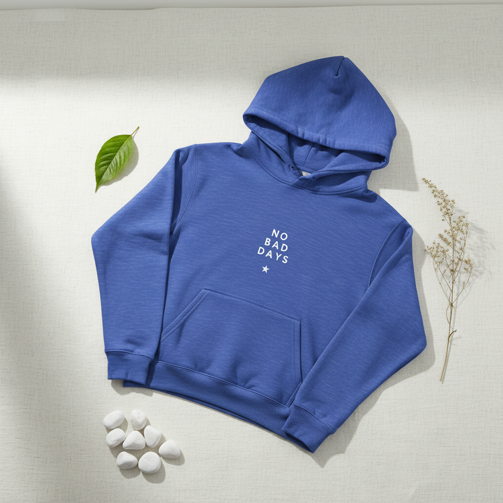 Blue hooded sweatshirt with kangaroo pocket and 'NO BAD DAYS' graphic on chest