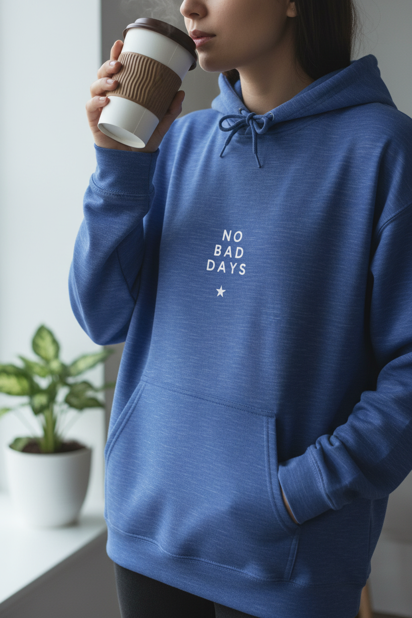Blue hooded sweatshirt with drawstring hood and 'NO BAD DAYS' chest print