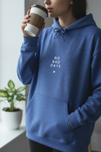 Blue hooded sweatshirt with drawstring hood and 'NO BAD DAYS' chest print