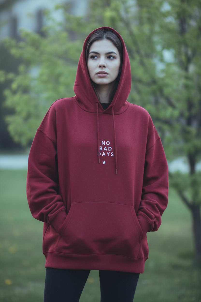 Burgundy hooded sweatshirt with drawstring hood and 'NO BAD DAYS' chest text