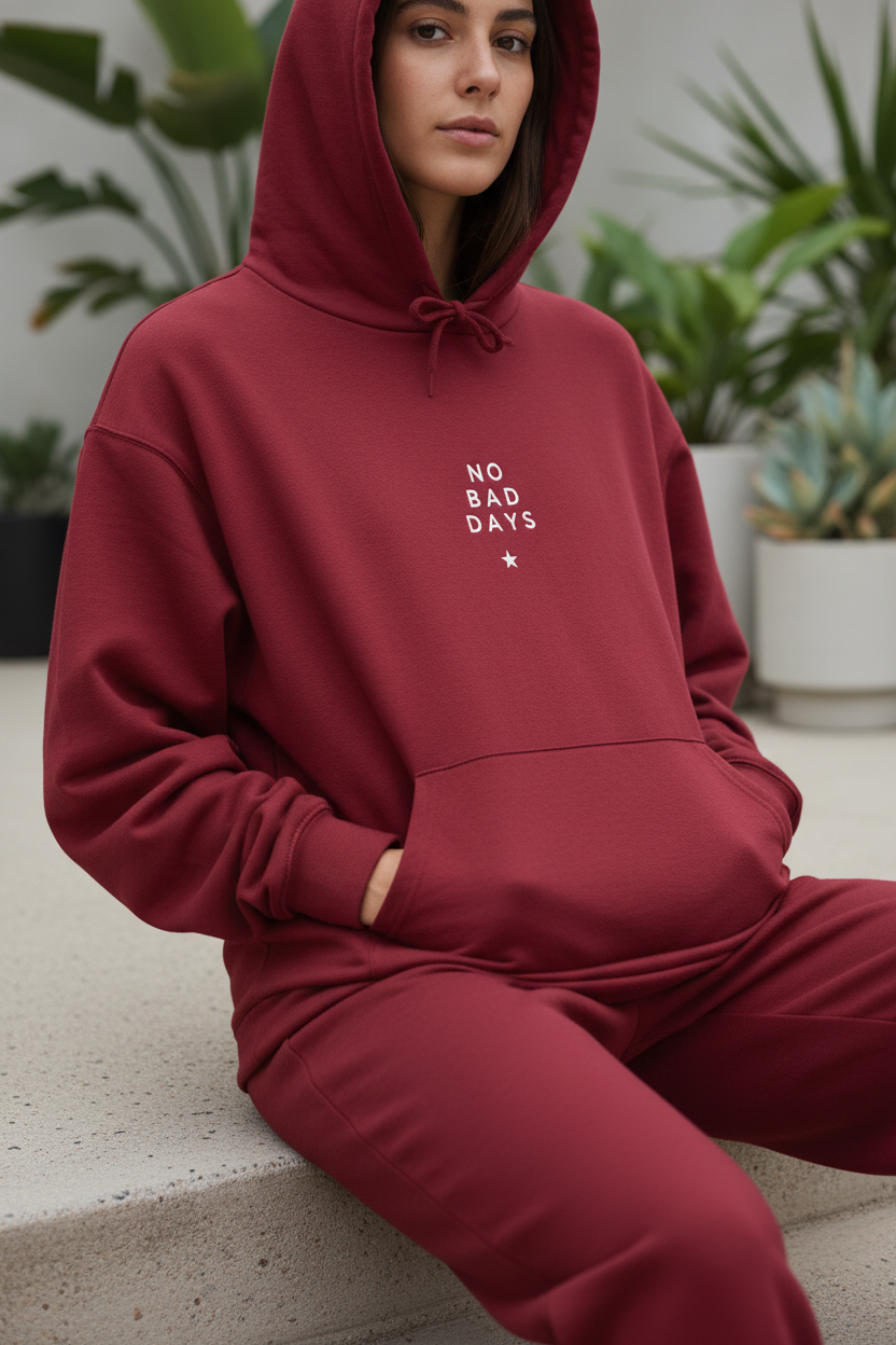 Burgundy hooded sweatshirt with drawstring hood and 'NO BAD DAYS' chest graphic