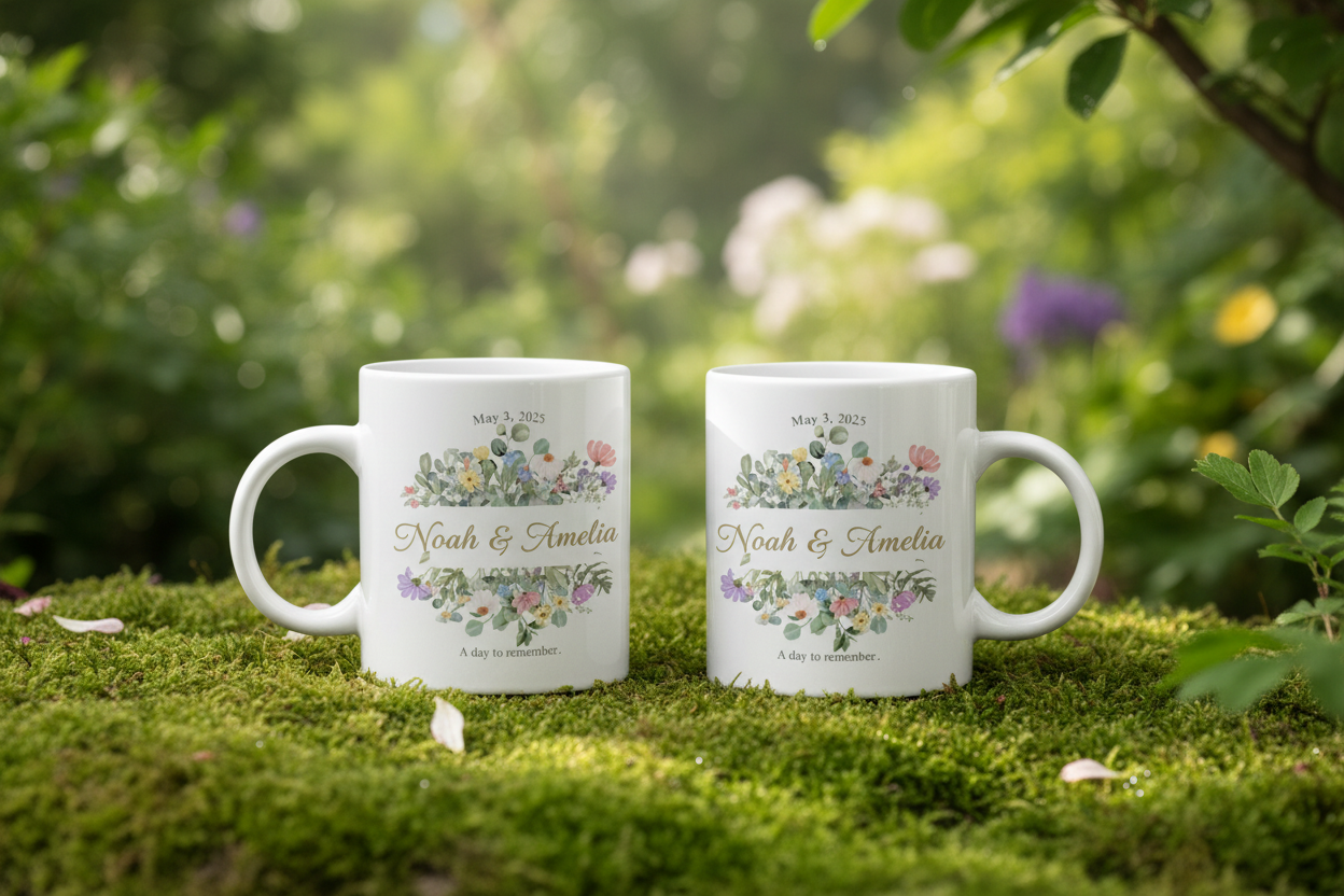 Two white mugs with floral wreath, "Noah & Amelia" and wedding date text