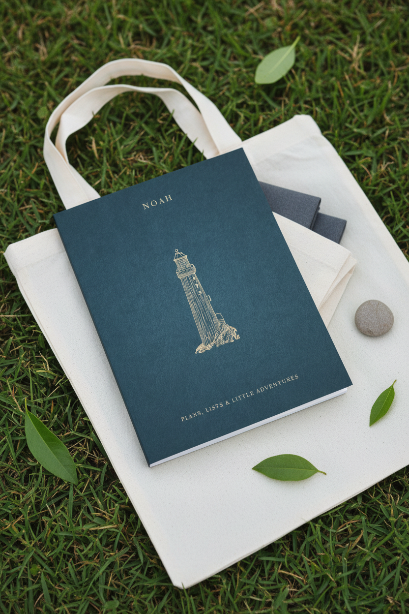 Blue A5 notebook with NOAH name and lighthouse illustration in white tote.