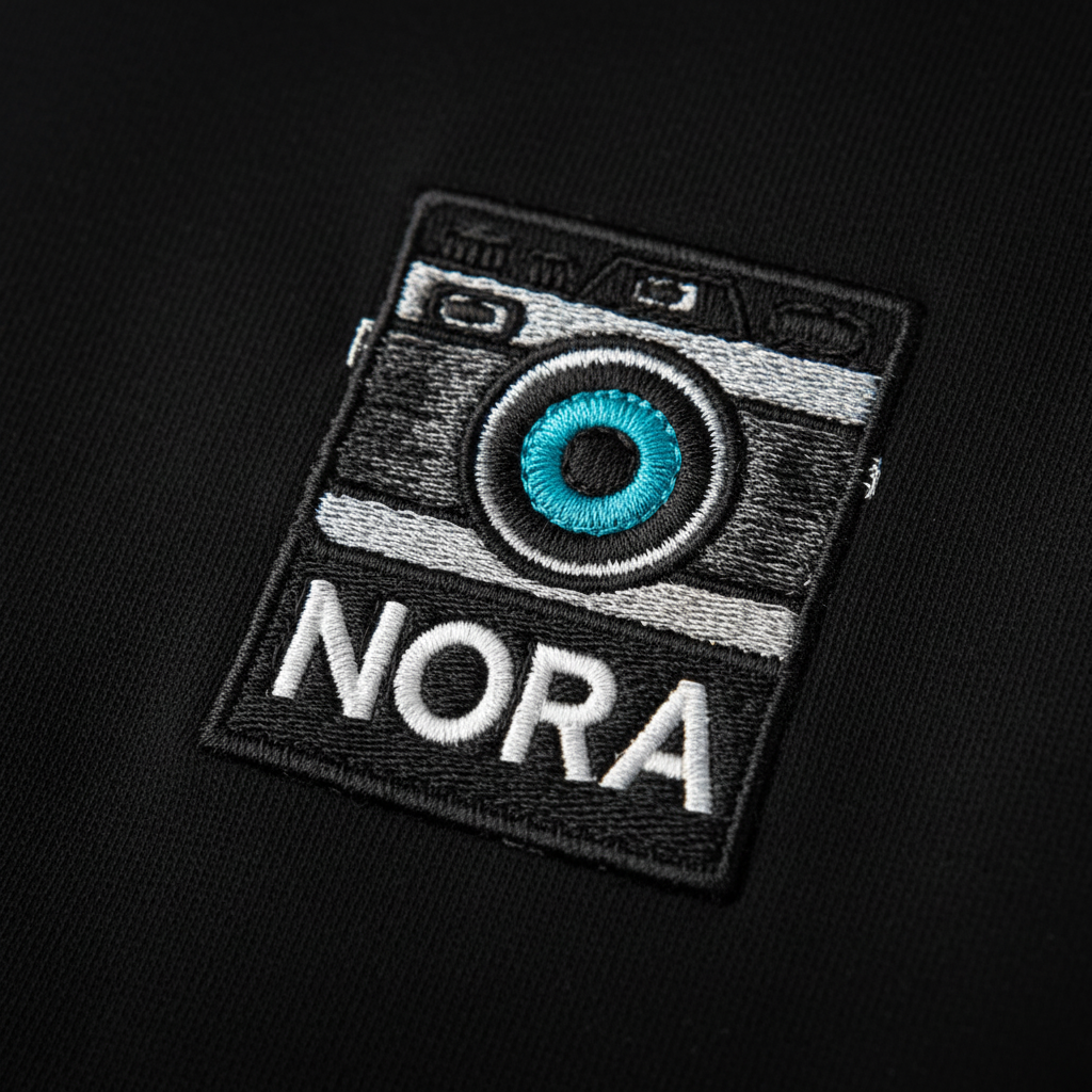 Embroidered camera patch with NORA name on black sweatshirt