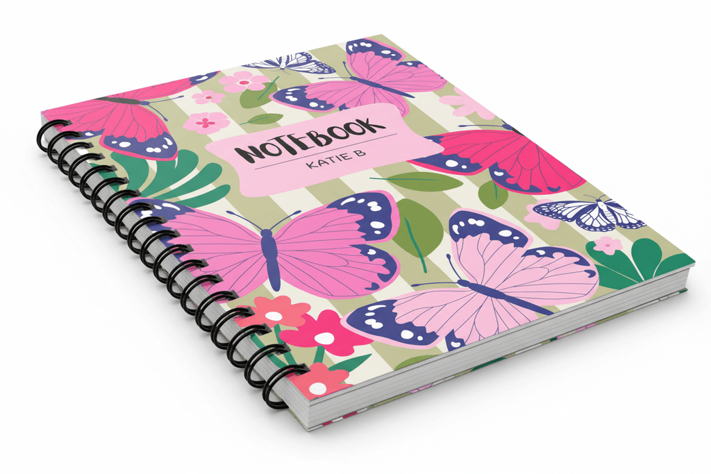 Personalized A5 spiral notebook with butterfly floral cover, showing black spiral rings