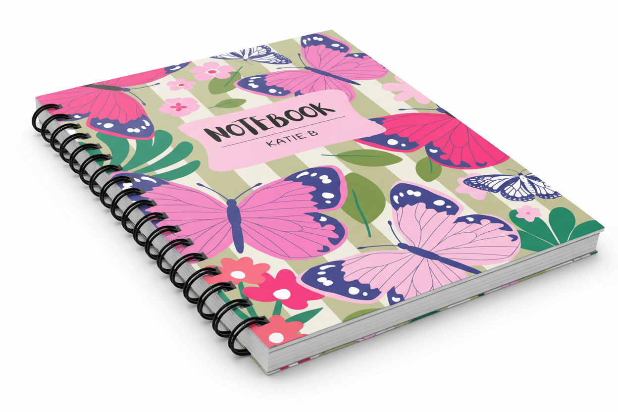 Personalized A5 spiral notebook with butterfly floral cover, showing black spiral rings