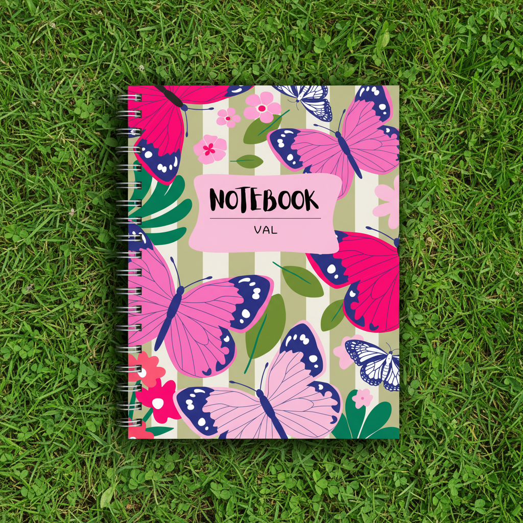 A5 spiral notebook, butterfly cover with pink label “VAL”