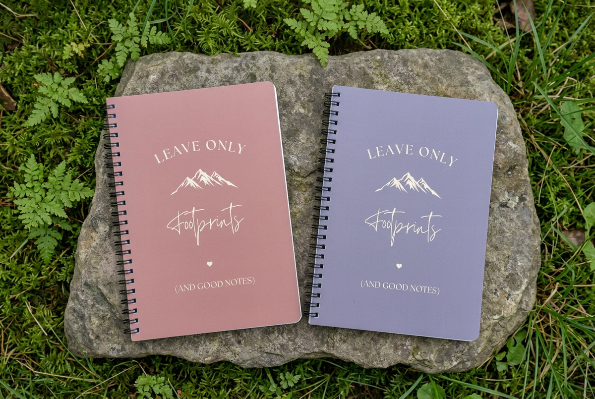 Two A5 hiking notebooks with pink and purple covers, spiral binding, lined pages