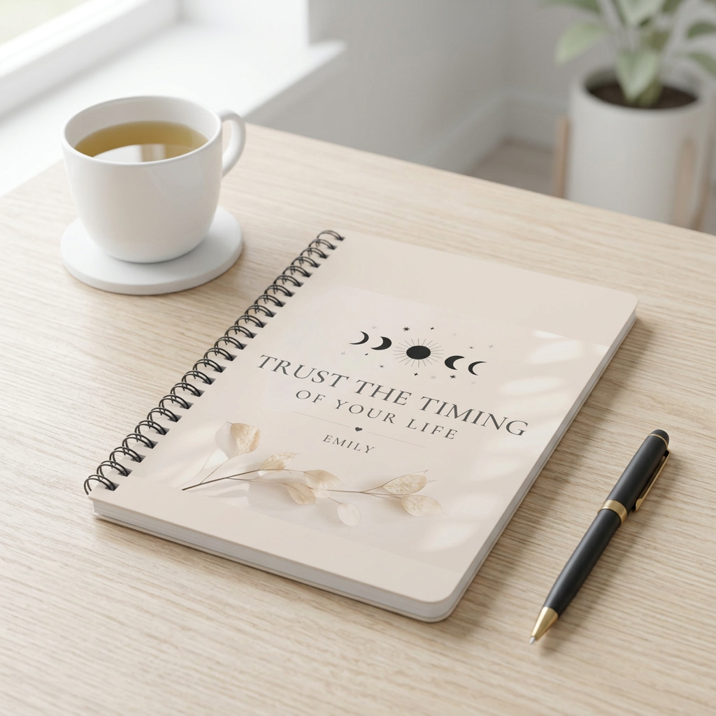 Personalized A5 lined notebook with pen, beige floral quote cover and spiral binding