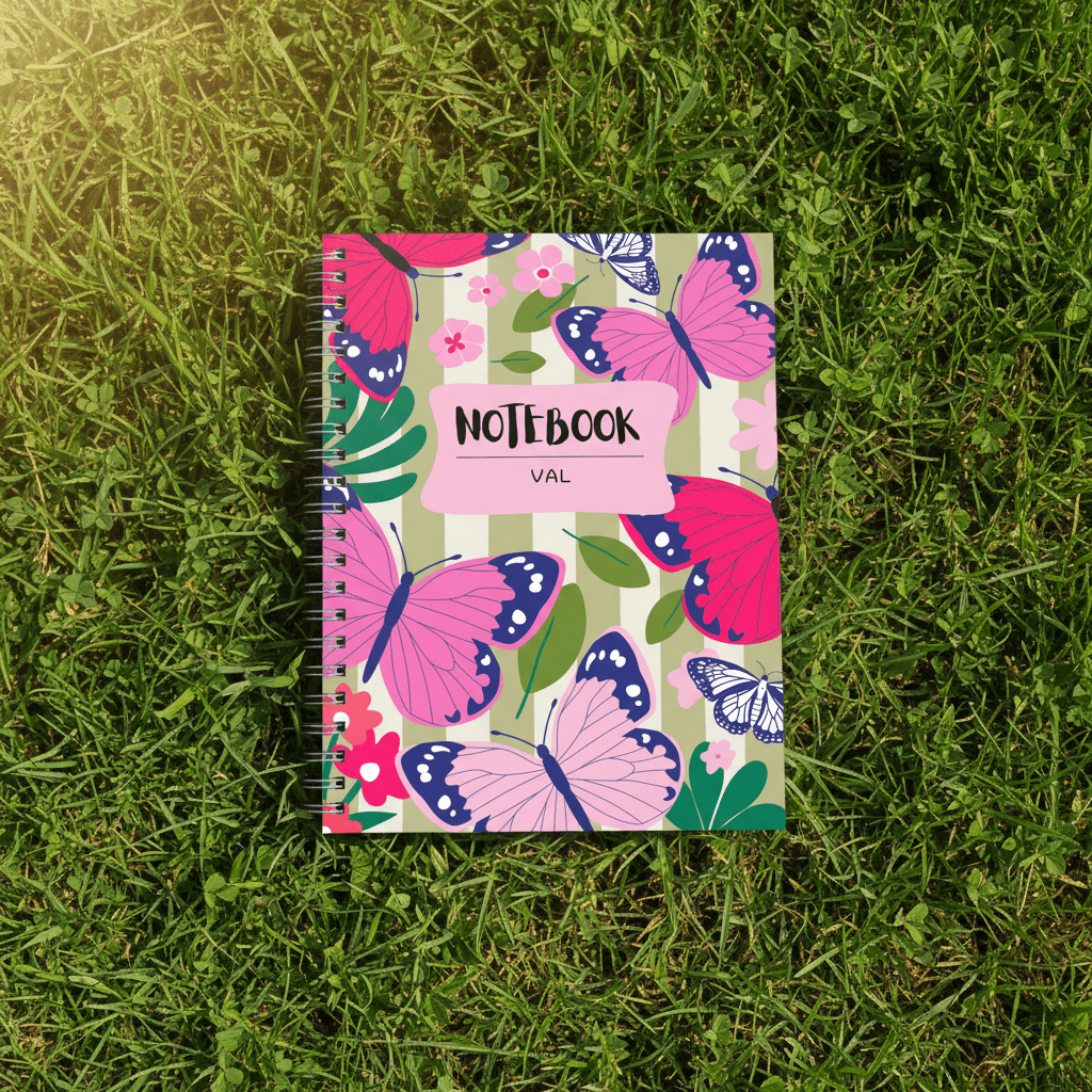 Personalized A5 spiral notebook on green grass with butterfly floral cover and name label