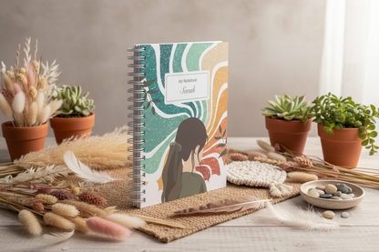Notebook propped up with boho dried flowers