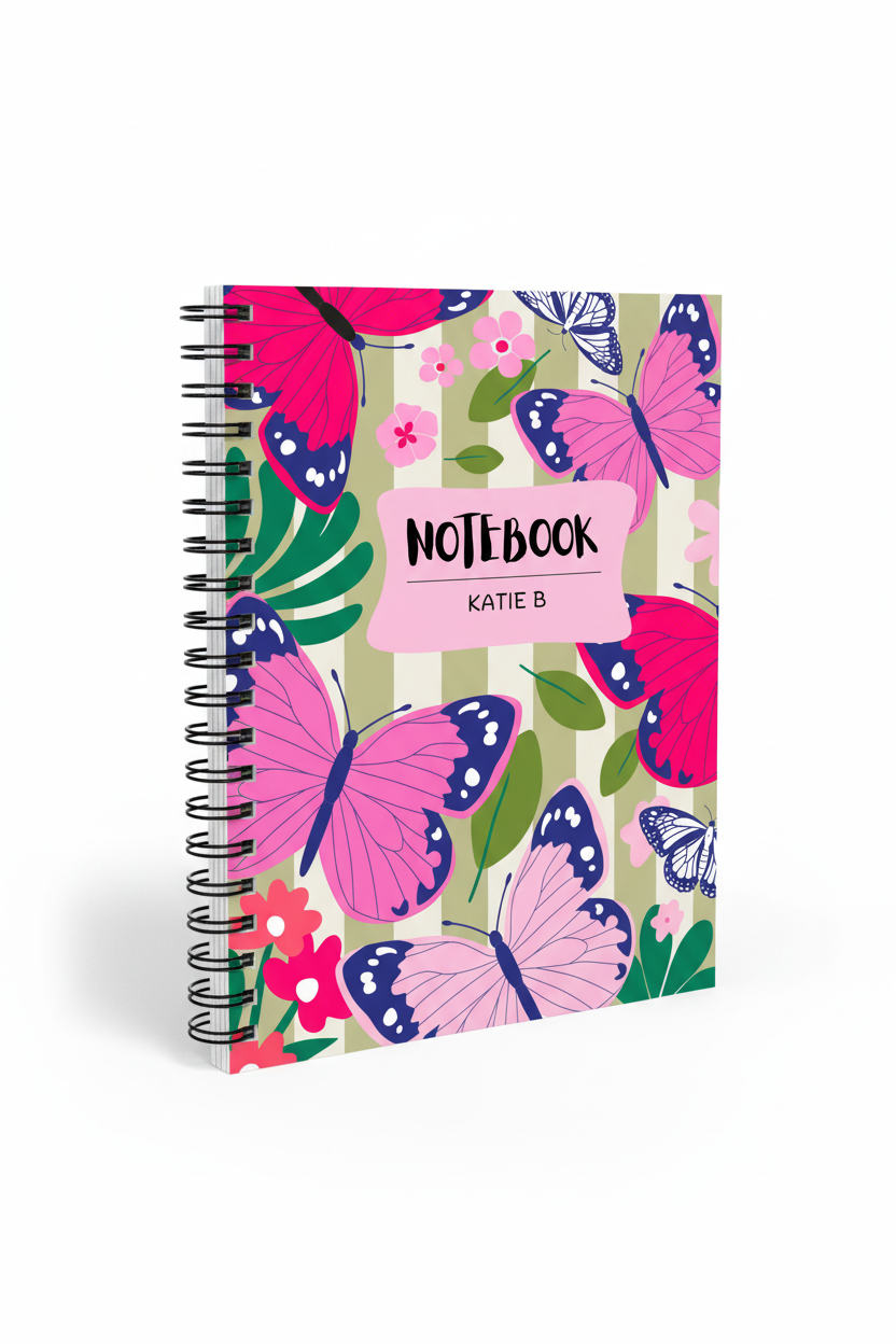A5 spiral notebook with butterfly cover and label “VAL”