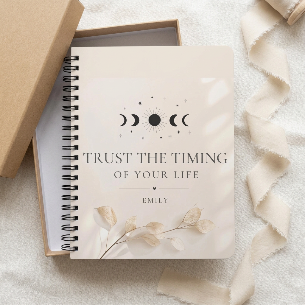 Personalized A5 lined notebook in gift box, beige floral quote cover and spiral binding