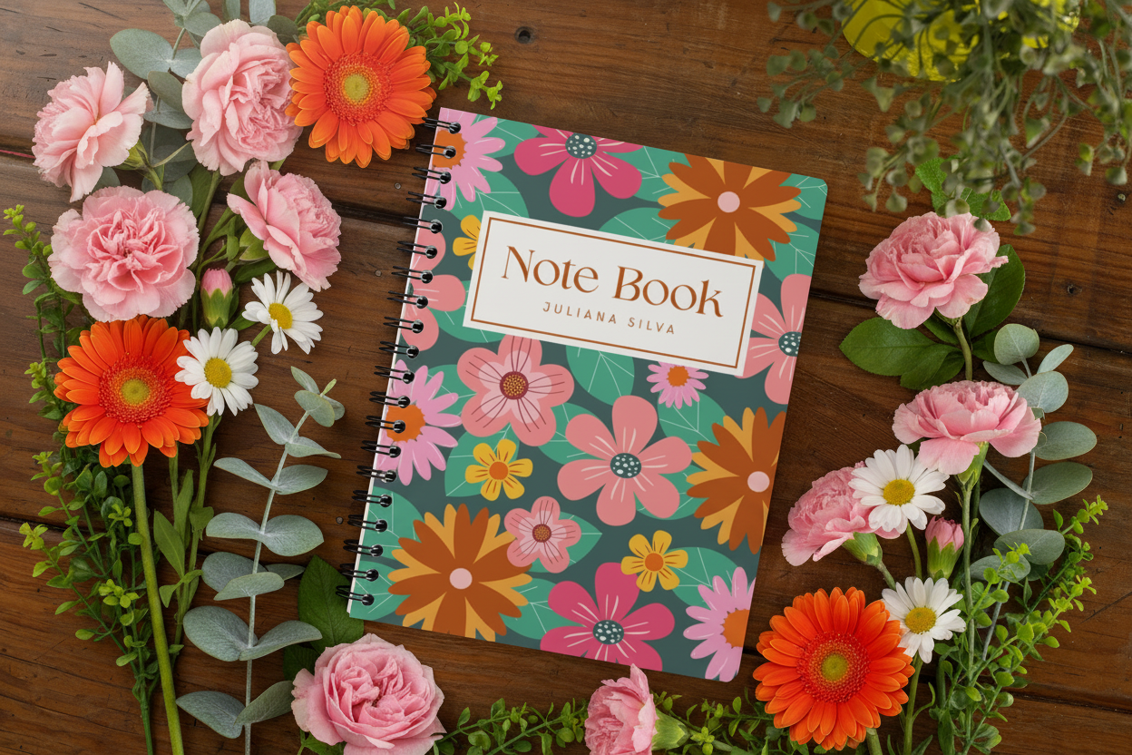 Notebook with fresh pink and orange flowers
