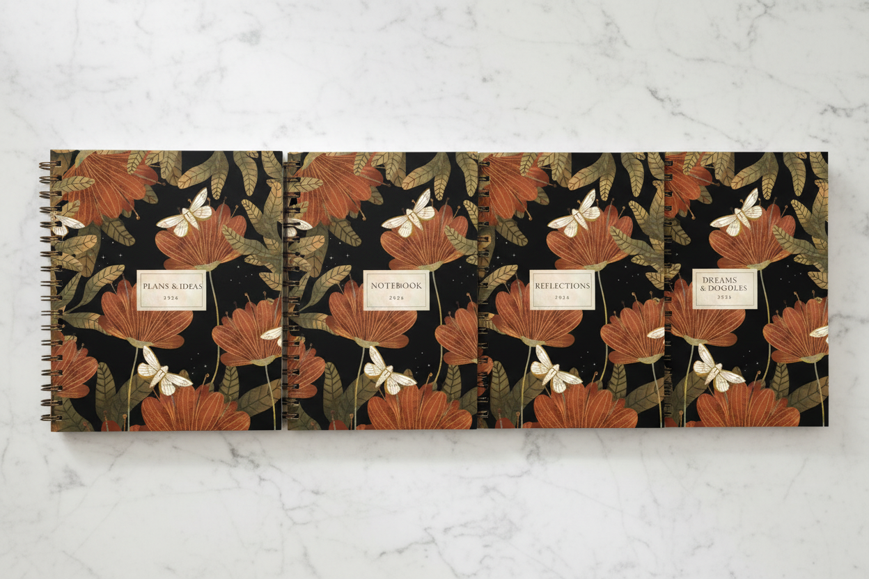 Notebooks in row on marble