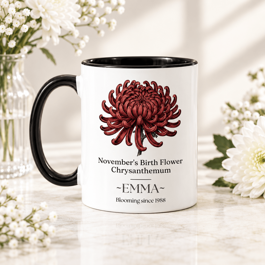 Personalised birth flower mug with black handle; November chrysanthemum; name EMMA.