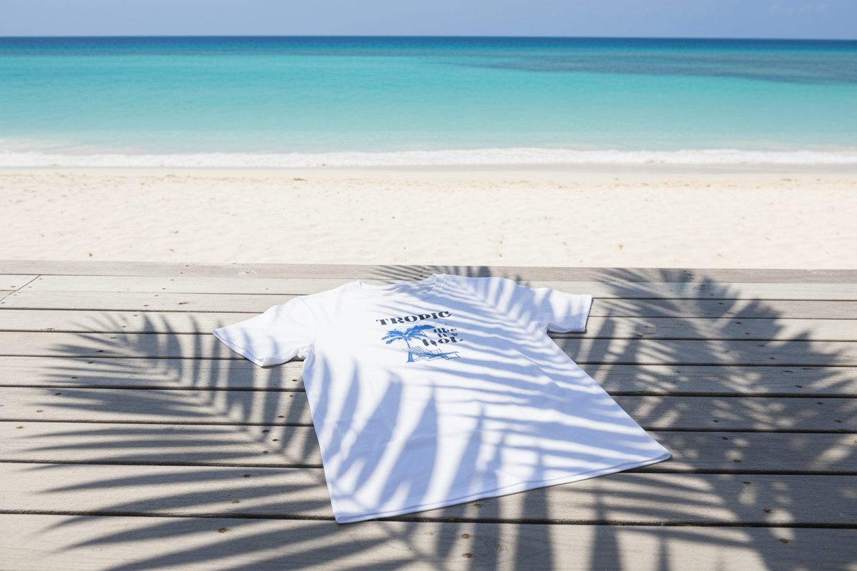 Light blue crew-neck T-shirt with tropical chair graphic on back