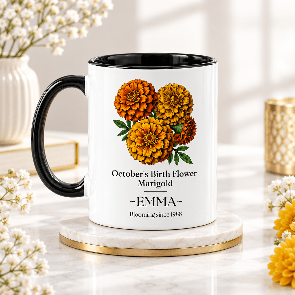 Personalised birth flower mug with black handle; October marigold; name EMMA.