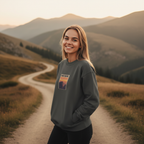 Charcoal crewneck sweatshirt with “OLDER THAN DIRT.” graphic, side view on model