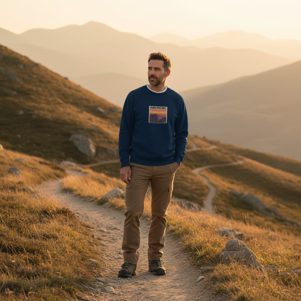 Navy crewneck sweatshirt with “OLDER THAN DIRT.” graphic, worn by man outdoors